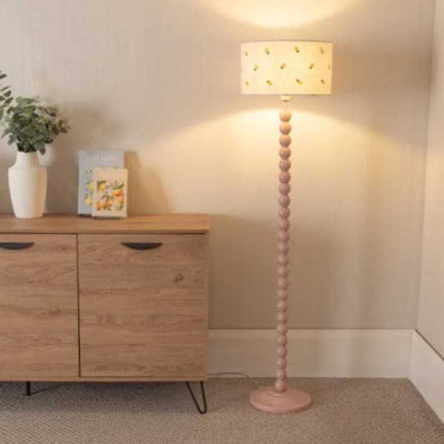ValueLights Bobbins Painted Rose Floor Lamp with Lemon Embroidered Drum Lamp Shade Pale Pink