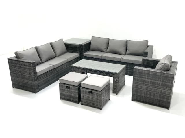 Fimous Rattan Garden Furniture Set Outdoor 9 Seater Patio Conversation Sets with Glass Top Coffee Table Stool Side Table Dark Grey