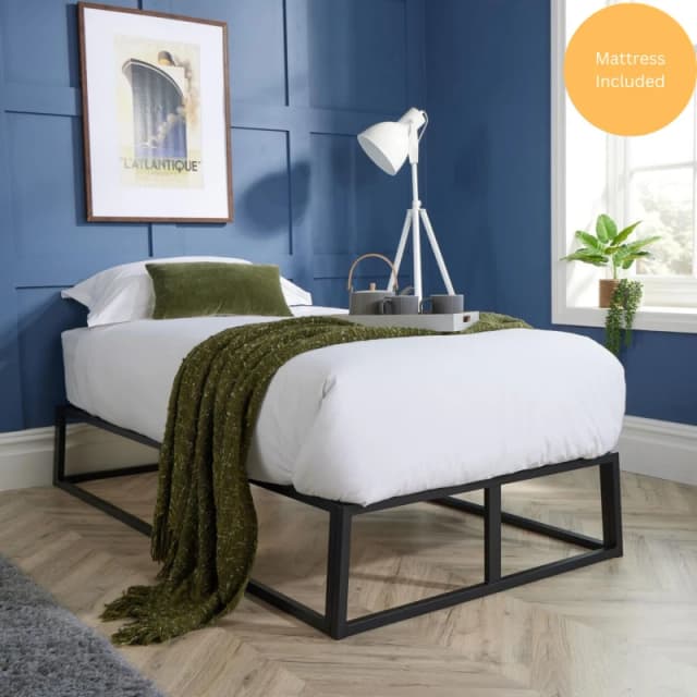 Home Source Platform Bed & Mattress Metal Frame With Slatted Support Black