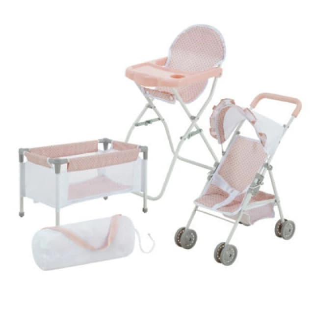 TEAMSON KIDS Teamson Kids - Olivia's Little World Polka Dot Princess Baby Doll 3pc Nursery Set - Crib, High Chair & Stroller, Pink & Gray OL-00024
