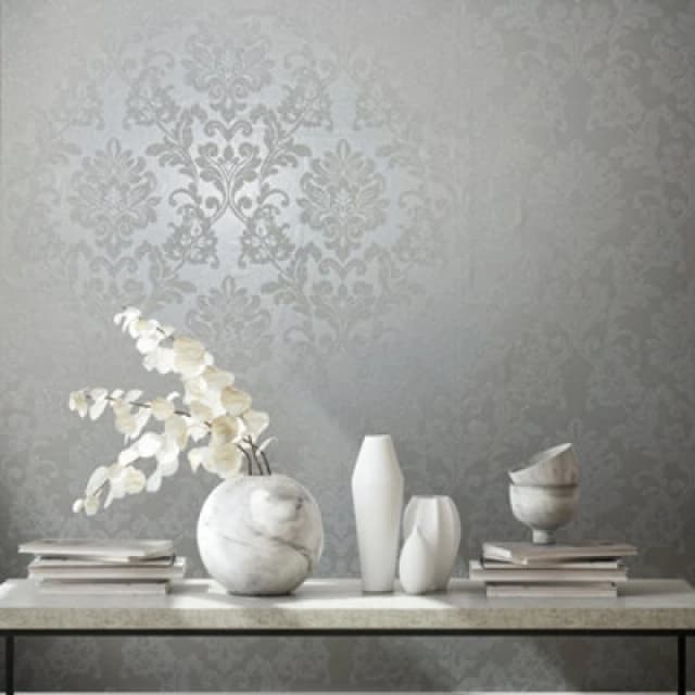 Galerie Industrial Effects White Giltter Floral Damask Wallpaper Roll