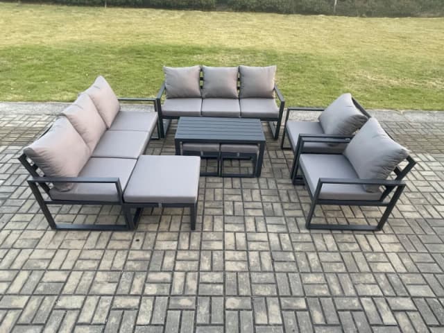 Fimous Aluminium Outdoor Garden Furniture Lounge Sofa 2 PC Chairs Oblong Coffee Table Sets with 3 Footstools Dark Grey Dark Grey Unisex