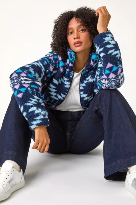 Roman Womens Nordic Print Funnel Fleece Jacket in Midnight Size: 14 Midnight Female 14