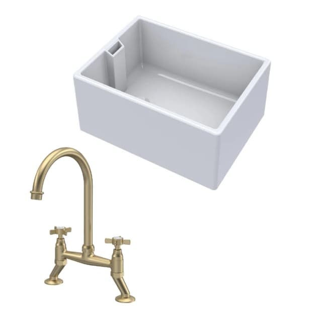 BALTERLEY Balterley - Fireclay Kitchen Bundle - Single Bowl Belfast Sink & Bridge Crosshead Mixer Tap, 615mm - Brushed Brass BKS222WT14