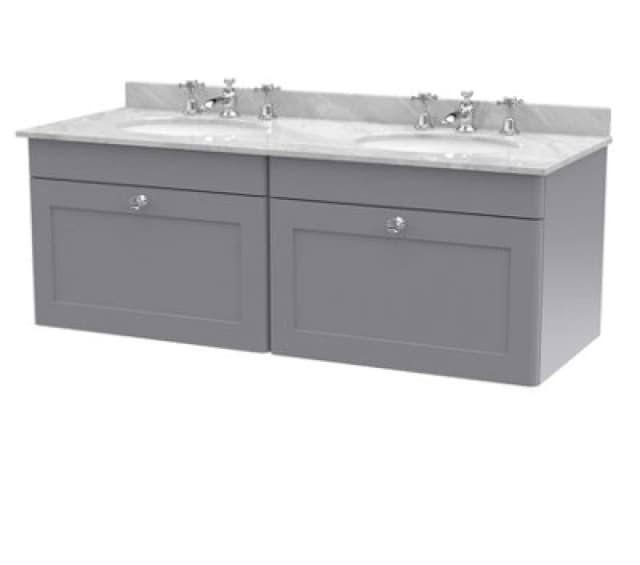 Nuie Classique Wall Hung 2 Drawer Vanity Unit & 3 Tap Hole Grey Marble Top With Oval Basin, Contemporary Sink Vanity Unit In
