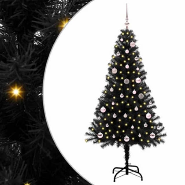 vidaXL Christmas Tree with 150 LEDs, Pink Balls with Stand Black 150cm PVC, Black 3396467