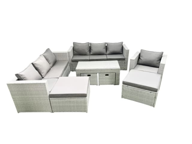 Fimous Outdoor Rattan Garden Furniture Set with Grey Cushions Luxury 11 Seater with Chair and Coffee Table For Conservatory,Patio Light Grey