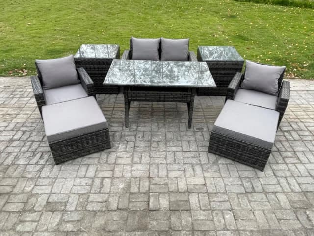 Fimous Outdoor Lounge Sofa Garden Furniture Set Rattan Rectangular Dining Table with Double Seat Sofa Armchair 2 Side Tables in Dark Grey Dark Grey Un