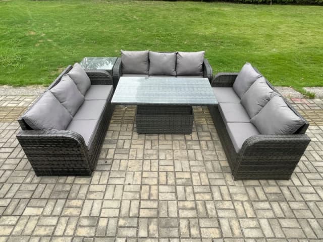 Fimous Patio Garden Dining Set Outdoor Rattan Furniture Lounge Sofa Height Adjustable Rising Table With Side Table Dark Grey