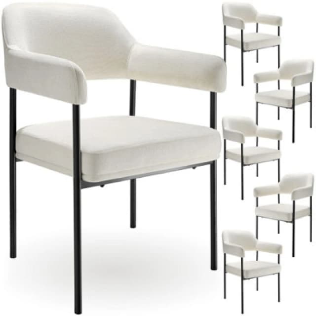 Tectake Set Of 6 Armchair Doe - Durable Fabric, Black Powder-Coated Legs, 120 Kg Load, 58 X 62 X 85cm - Woven Fabric Off-White/black