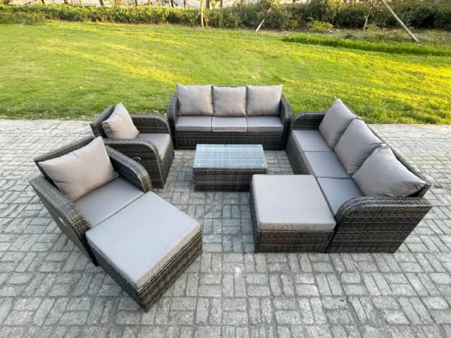 Fimous Wicker PE Rattan Garden Furniture Set 10 Seater Outdoor Lounge Sofa Set with Coffee Table 2 Big Footstool Dark Grey Mixed Dark Grey