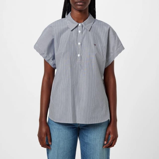 Tommy Hilfiger Womens Stripe Short-Sleeve Blouse Stp Desert Sky female 8 (XS)