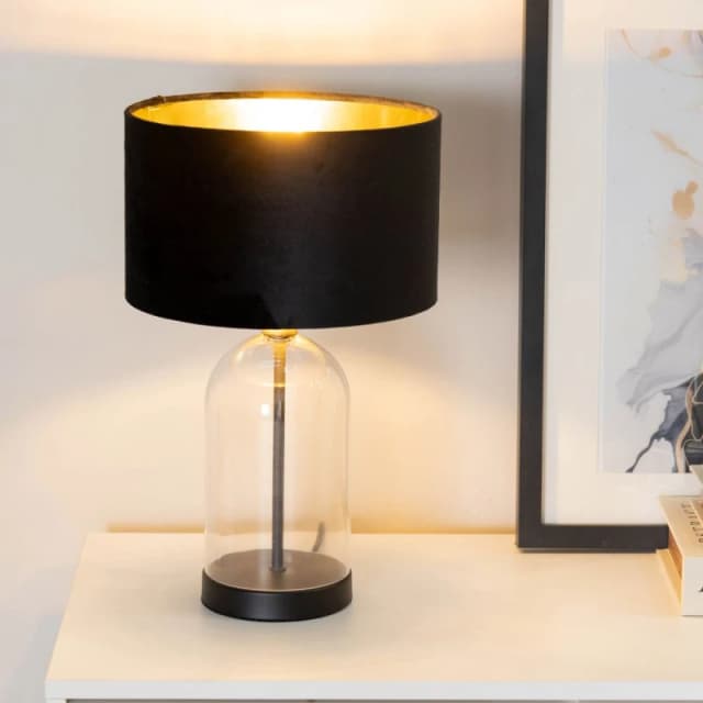 ValueLights ValueLights Jessy Glass with Black Table Lamp with Black Velvet & Gold Inner Shade & Bulb Black One Size Unisex 5059406060977