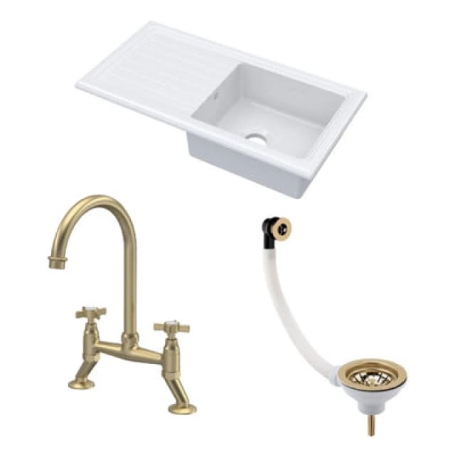BALTERLEY Fireclay Kitchen Bundle - Single Bowl Sink & Drainer, Waste & Bridge Crosshead Tap, 1010mm - Brushed Brass - Balterley BKS231WT14