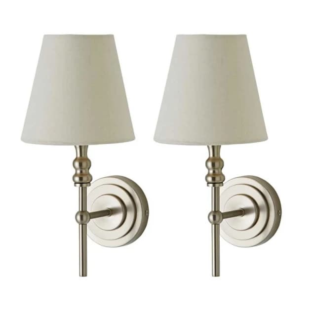 ValueLights Maggie Pair of Wall Lights with Linen Tapered Lamp Shades & Bulbs in Silver Silver Unisex