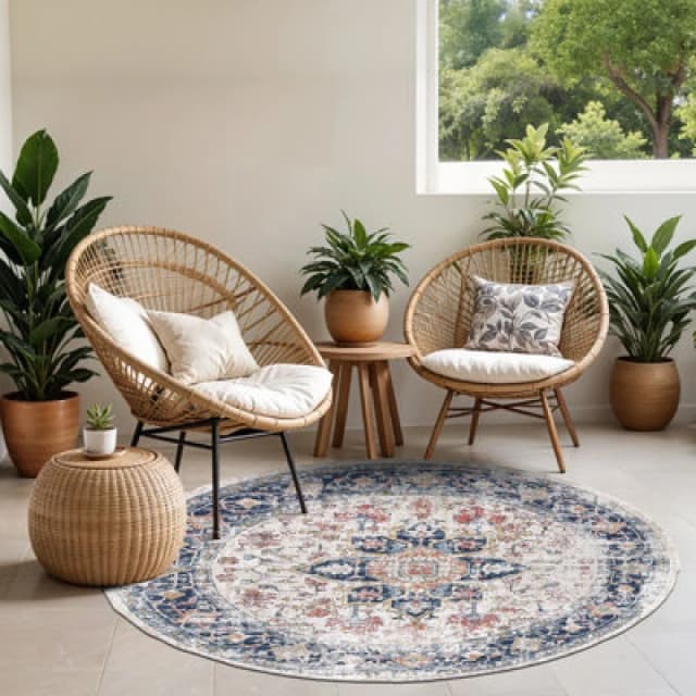 Livabliss Round In- & Outdoor Oriental Boho Dark Blue Selma Area Rug 160 X 160 Cm - Easy To Clean, Perfect For Balcony Or Dining Room
