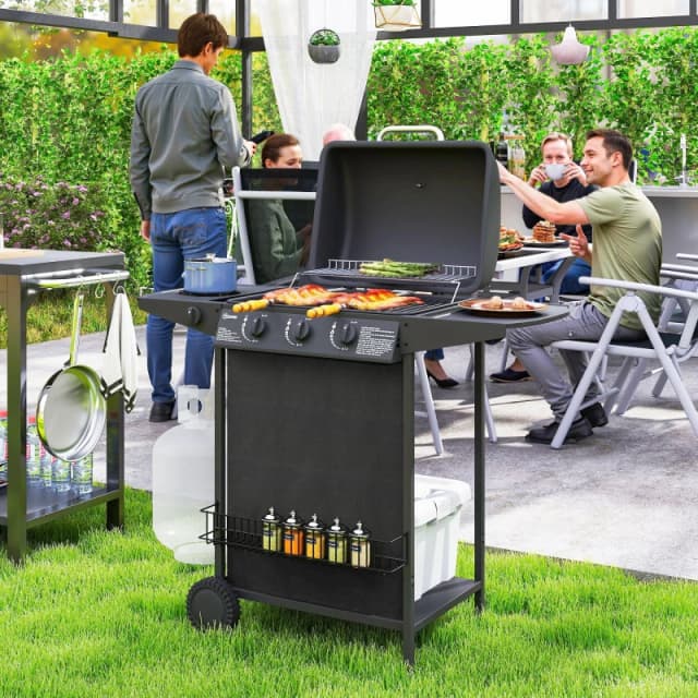 Outsunny 4 Burner Gas Barbecue Grill Portable Gas BBQ Grill with Lid, Black 846-167V70BK