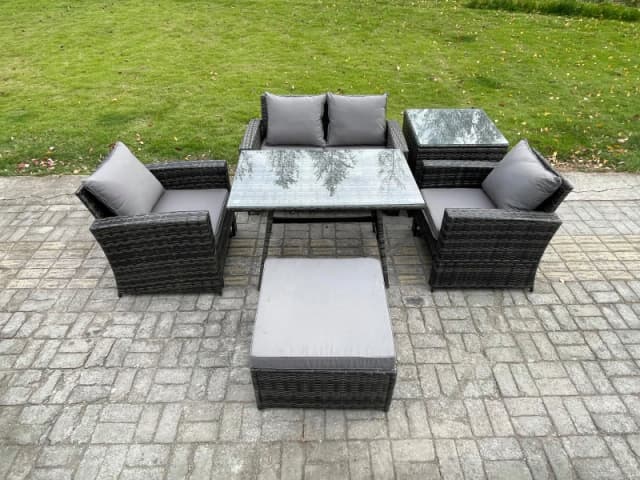 Fimous Outdoor Garden Furniture High Back Rattan Sofa Dining Table Set with Big Footstool Side Table in Dark Grey Dark Grey Unisex
