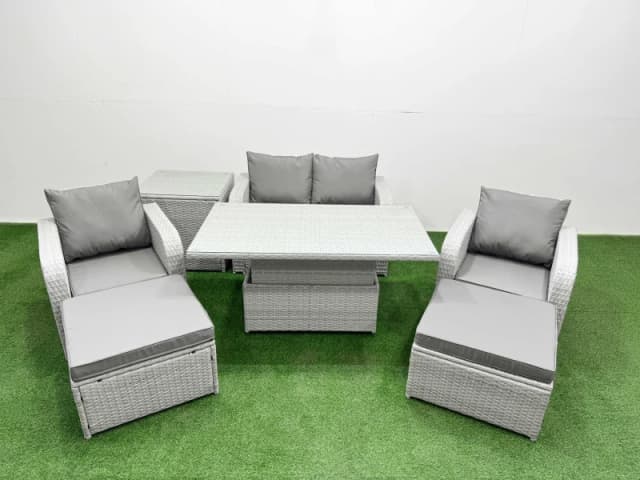 Fimous Light Grey PE Wicker Rattan Garden Furniture Set Sofa Set Reclining Chair Adjustable Lifting Dining or Coffee Table 6 Seater 2 Big Stools Side