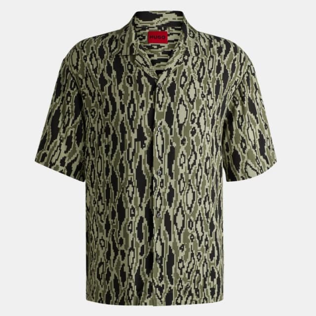 Hugo Mens Espino Red Geometric Short Sleeve Tailored Fit Shirt Open Green 391 male M