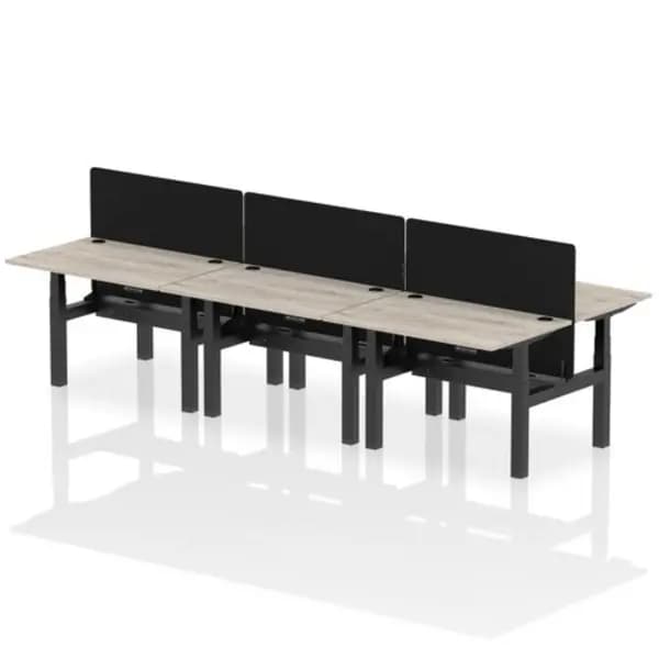 Air Air Back-to-Back 1200 x 800mm Height Adjustable 6 Person Bench Desk Grey Oak Top with Cable Ports Black Frame with Black Straight Screen HASCP6P1