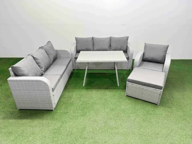 Fimous 5 Pieces Outdoor PE Rattan Garden Furniture with Big Stool Light Grey Light Grey Unisex