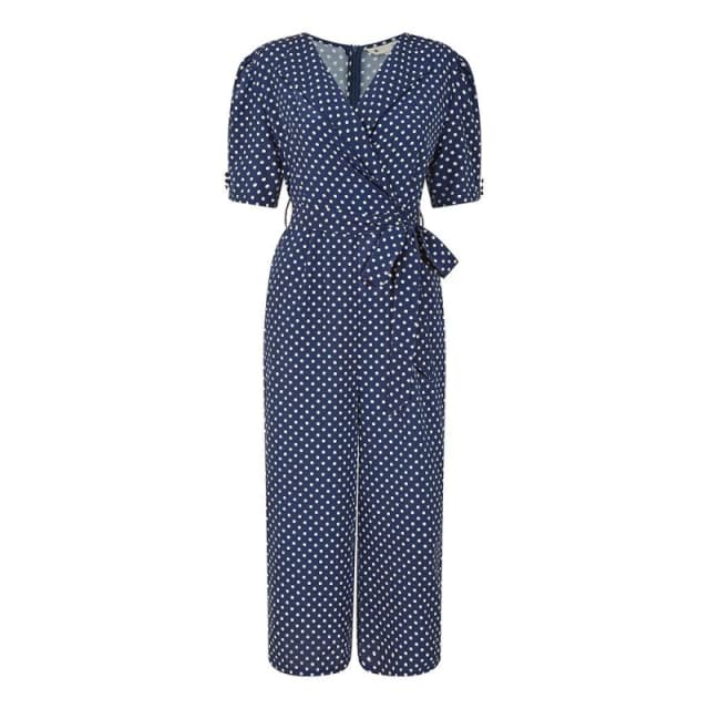 Yumi Navy Spot Print Retro Culotte Jumpsuit Navy female