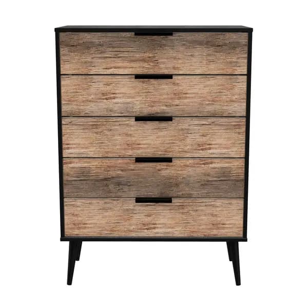 Welcome Furniture Ready Assembled Hirato 5 Drawer Chest Vintage Oak Black Wood Legs HKB012VOB