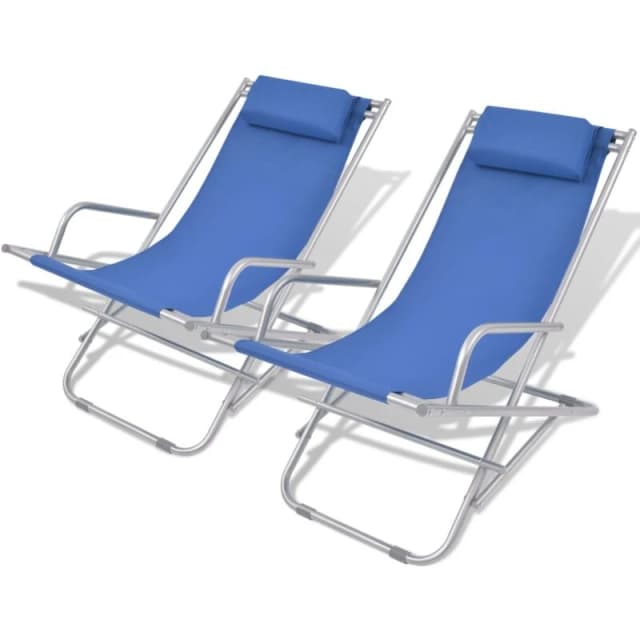 vidaXL 2x Reclining Deck Chairs Blue Steel Outdoor Sunloungers Swing Chairs