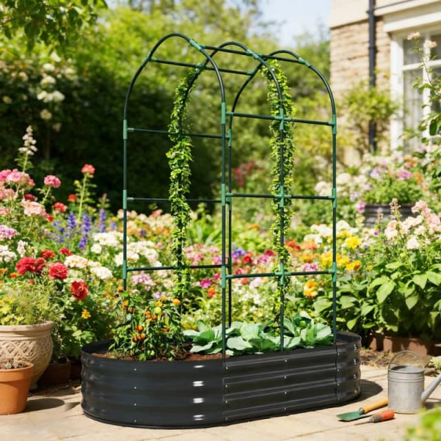 Outsunny 5 x 3 x 6ft Galvanised Raised Garden Bed with Trellis, Dark Grey 84H-566V01CG
