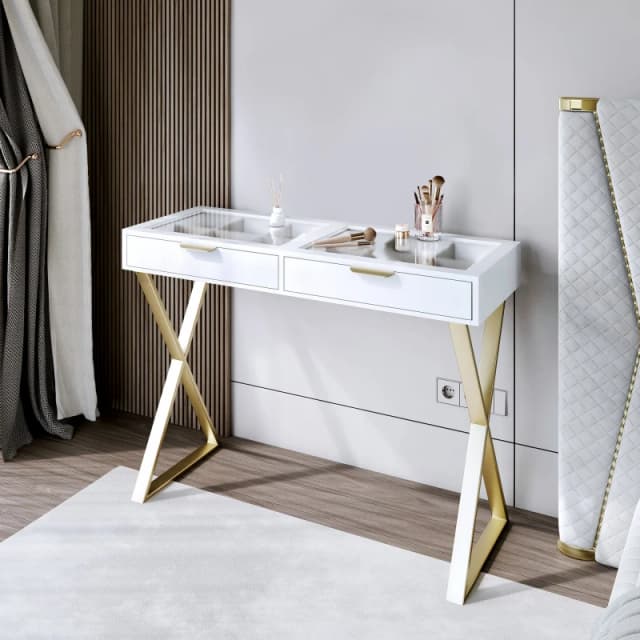 CARME HOME Jess Glasstop White Dressing Table with 2 Drawers & Gold X-shaped Leg White Unisex