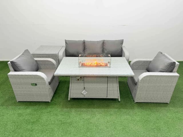 Fimous PE Rattan Garden Furniture Set Reclining Chair Sofa Lounge Sofa Set Firepit Dining Table Side Table Light Grey Light Grey