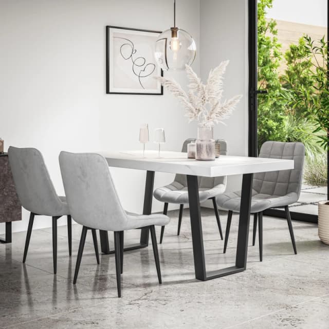 More4Homes Aria Dining Table And Chairs - White Marble Effect Table Top W Black Legs + Nova Velvet Dining Chair Set Of 4 (Grey)
