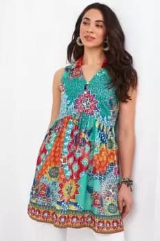 Statement Collar Button Front Sleeveless Tunic Dress