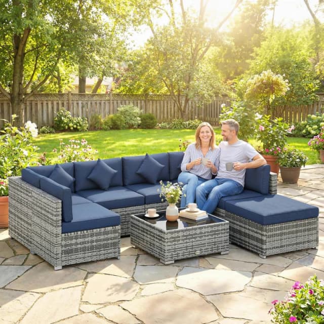 OUTSUNNY 8 Pieces Patio Rattan Sofa Set, Garden Furniture Set Dark Blue Blue Unisex