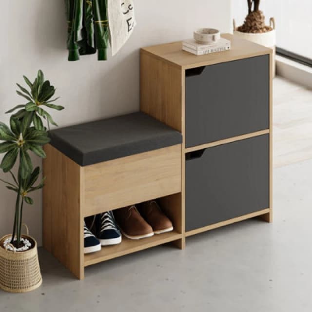 Decortie Modern Haven Shoe Bench Oak, Anthracite 101.5(W) Organiser Hallway 2 Cupboard Storage Cabinet 1 Open Shelf Fabric Seat