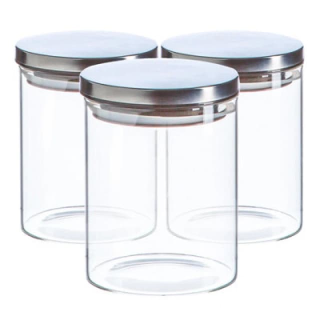 Argon Tableware Glass Storage Jars - Silver Lid - 750Ml - Modern Round Scandi Organisation Container Glass Jar - Set Of 3