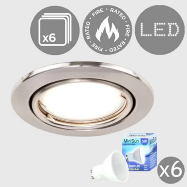 ValueLights Downlight Tiltable Fire Rated Ceiling Light Fitting 6 Pack With Cool White Bulbs Silver