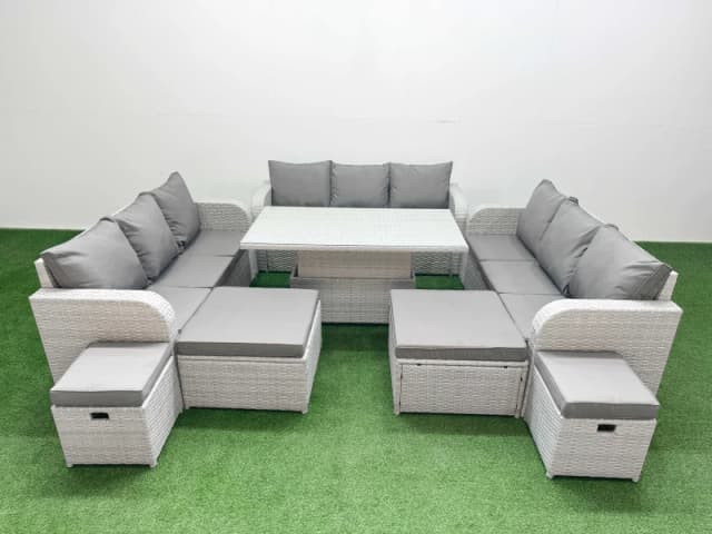 Fimous 8 Pieces Garden Rising Dining Table High Back Inclining Sofa Set in Light Grey Light Grey Unisex