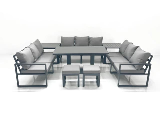 Fimous 11 Seater Garden Sofa Set Aluminium Furniture Rising Dining Tabe Set with 2 Side Tables 2 Small Footstools Dark Grey Dark Grey Unisex