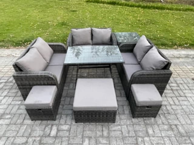 Fimous Outdoor Rattan Garden Furniture Set 9 Seater Patio Love Sofa Set with Rectangular Dining Table 3 Footstools Side Table Dark Grey