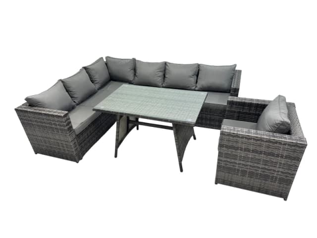 Fimous 7-seater Outdoor PE Rattan Sofa Set with Dining Table Chair in Dark Grey Dark Grey Unisex