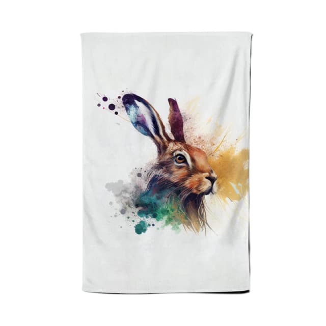 Warren Reed - Designer Hare Close Up Splashart Tea Towel in Brown Brown Unisex