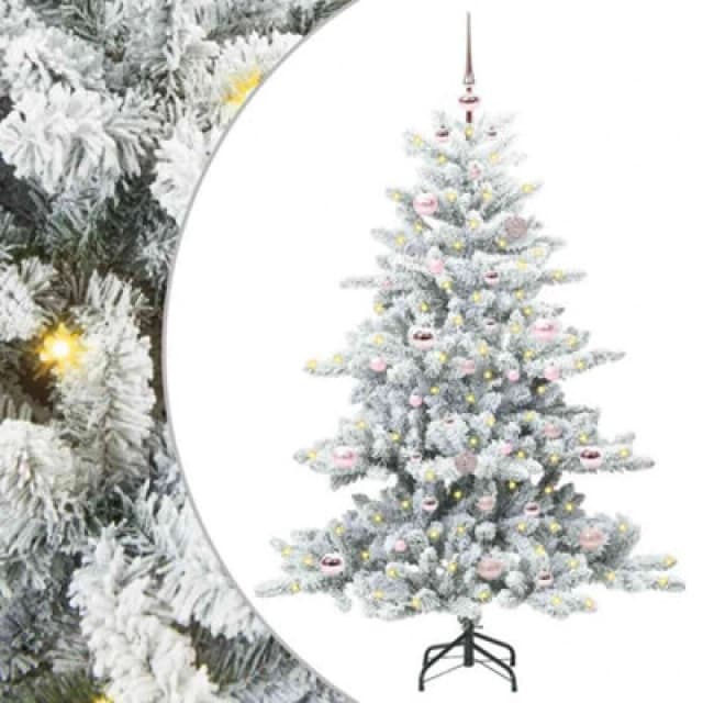vidaXL Artificial Hinged Christmas Tree with 150 LEDs, Pink Balls Snow Flocked 150cm PVC, Green 3397707