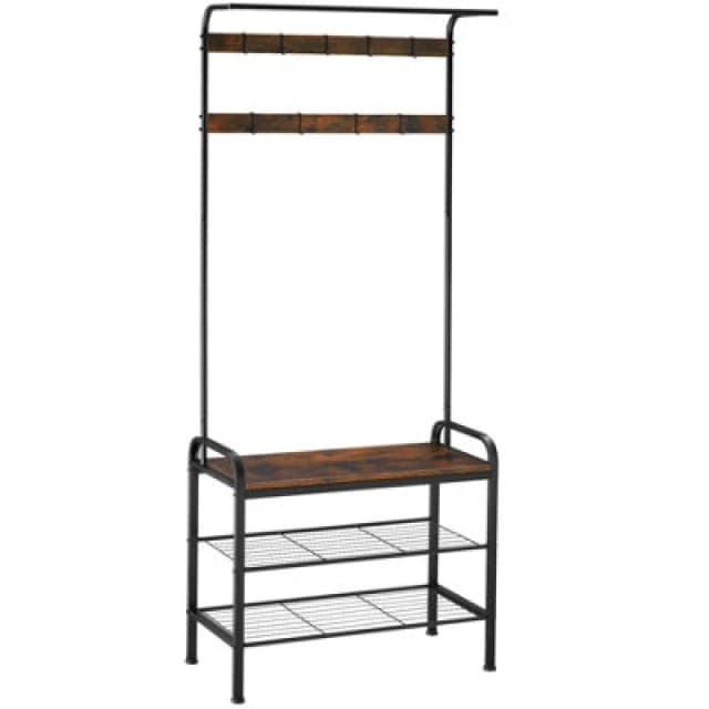 Tectake Coat Stand - Shoe Rack, Seat, 2 Shelves And 9 Coat Hooks 73.5X36X184Cm - Industrial Wood Dark, Rustic