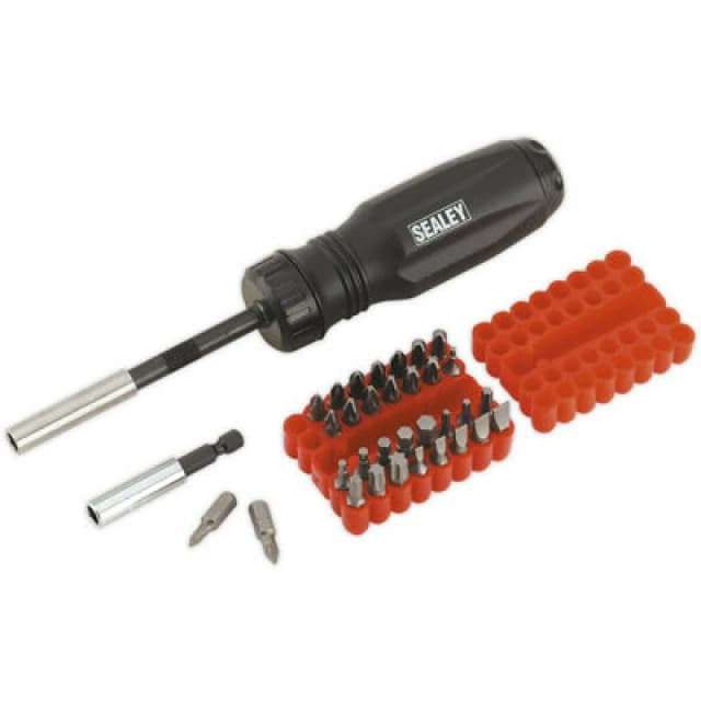 Loops 34 PACK Gearless Ratchet Screwdriver Set - Integral Storage - S2 Steel Bits Metallics