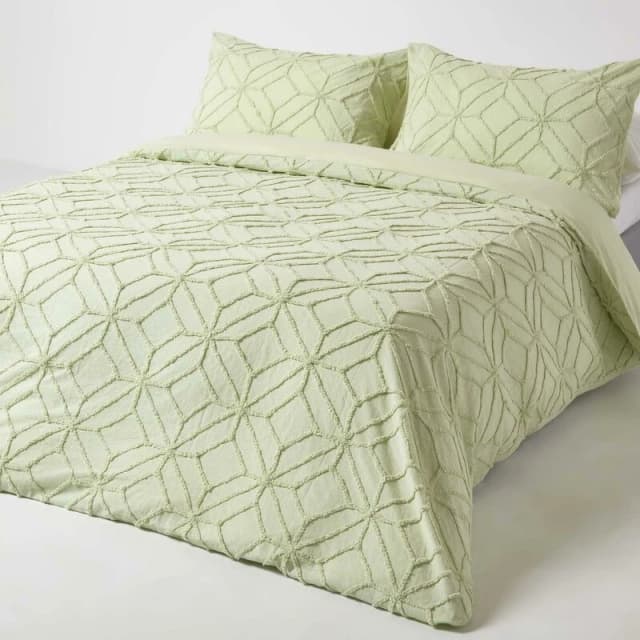 HOMESCAPES Sage Green Diamond Cotton Tufted Duvet Cover Set, Double - Homescapes BL1745B