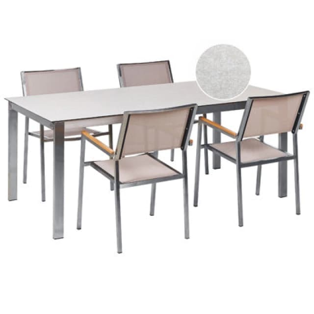 Beliani Garden Dining Set 4 Seater Cosoleto/grosseto Tempered Glass Marble Effect White/ Beige