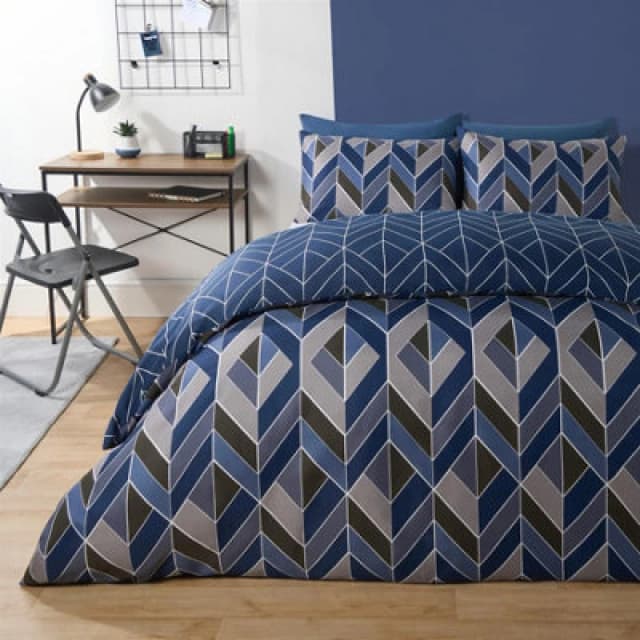 OHS OHS Geo Duvet Cover Bedding Set Pillowcase Reversible Quilt Soft Chevron in Dark Navy Size: Single Dark Navy Single Unisex 5027434203666