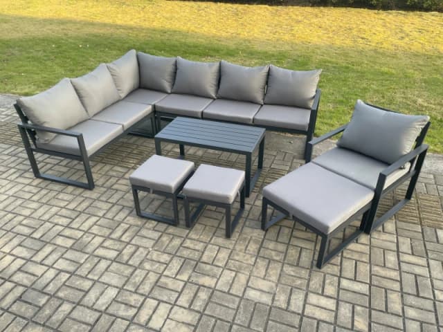 Fimous Aluminum 10 Seater Outdoor Lounge Corner Sofa Set Garden Furniture Sets with Oblong Coffee Table Chair 3 Footstools Dark Grey Dark Grey Unisex